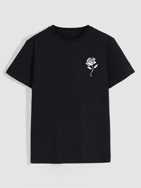 T-Shirt  Masculina Casual com Estampa de Rosa Gola