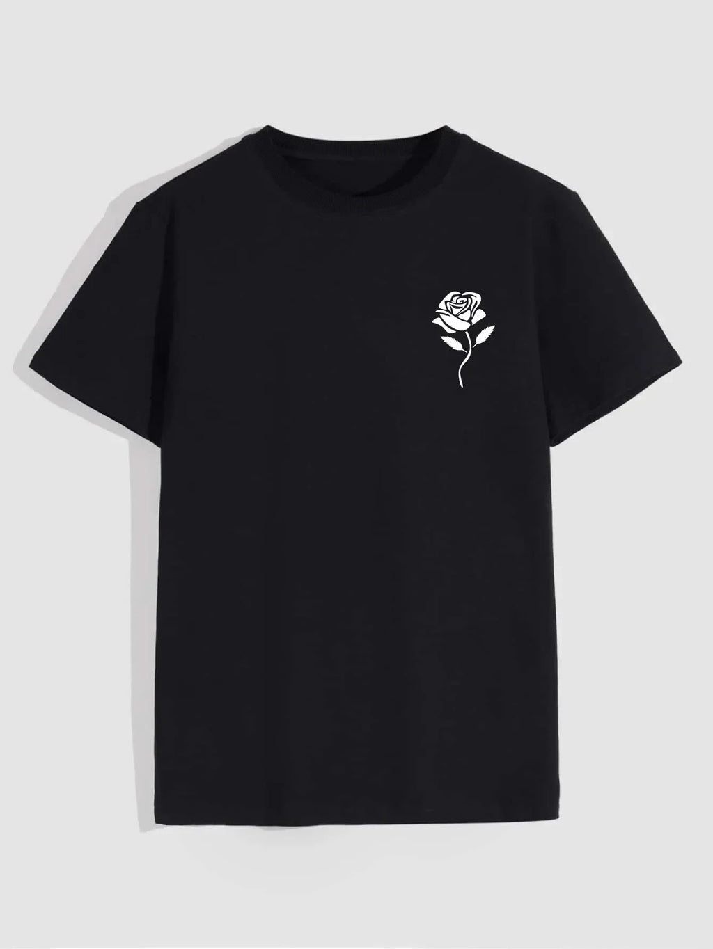 T-Shirt  Masculina Casual com Estampa de Rosa Gola