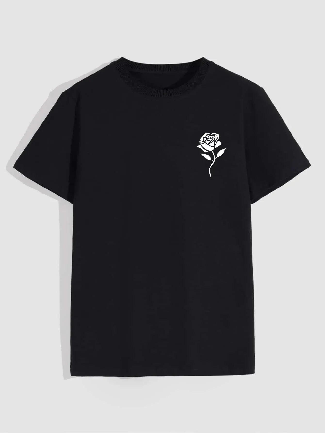 T-Shirt  Masculina Casual com Estampa de Rosa Gola