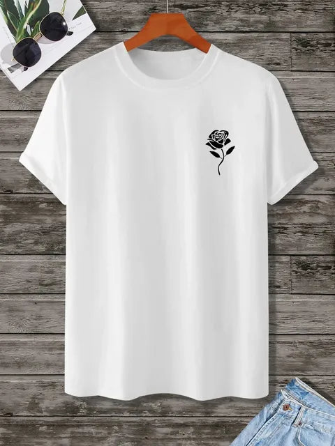 T-Shirt  Masculina Casual com Estampa de Rosa Gola